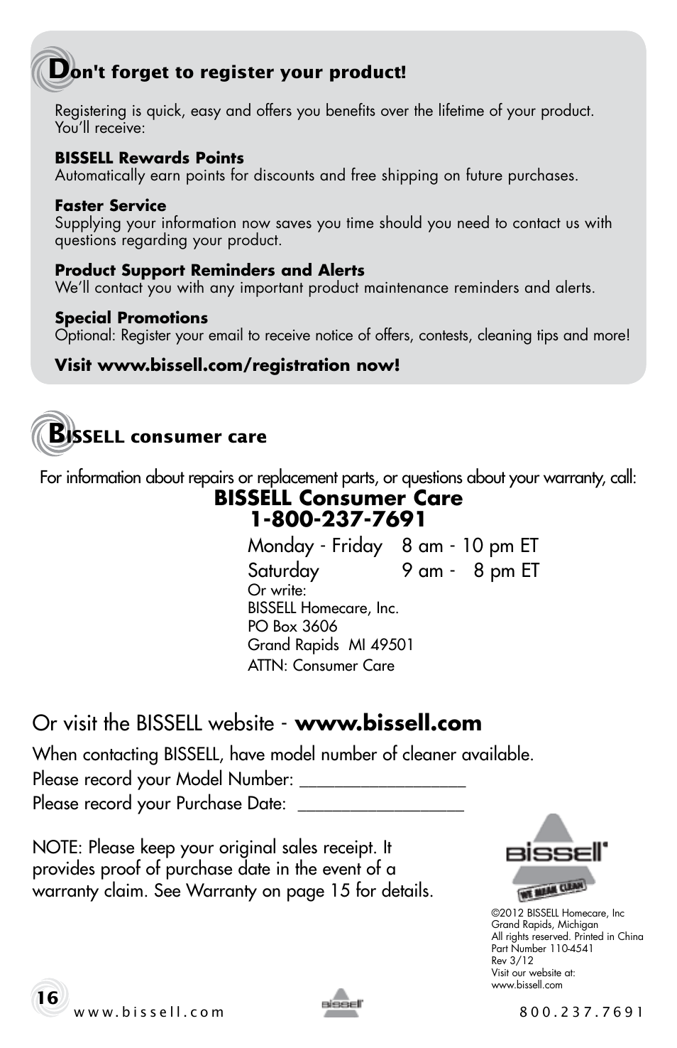 Bissell Powerforce HELIX 12B1 series User Manual | Page 16 / 16