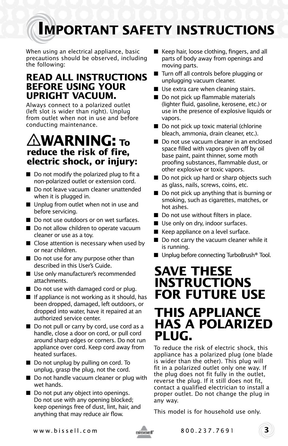 Warning, Mportant safety instructions | Bissell Powerforce HELIX 12B1 series User Manual | Page 3 / 16