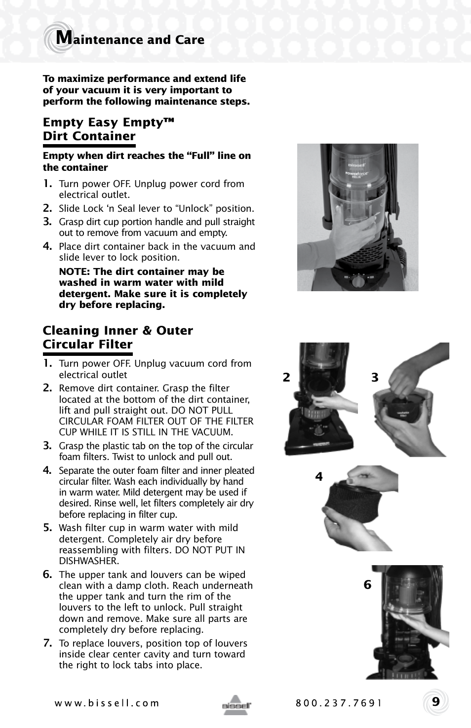 Aintenance and care, Empty easy empty™ dirt container, Cleaning inner & outer circular filter | Bissell Powerforce HELIX 12B1 series User Manual | Page 9 / 16