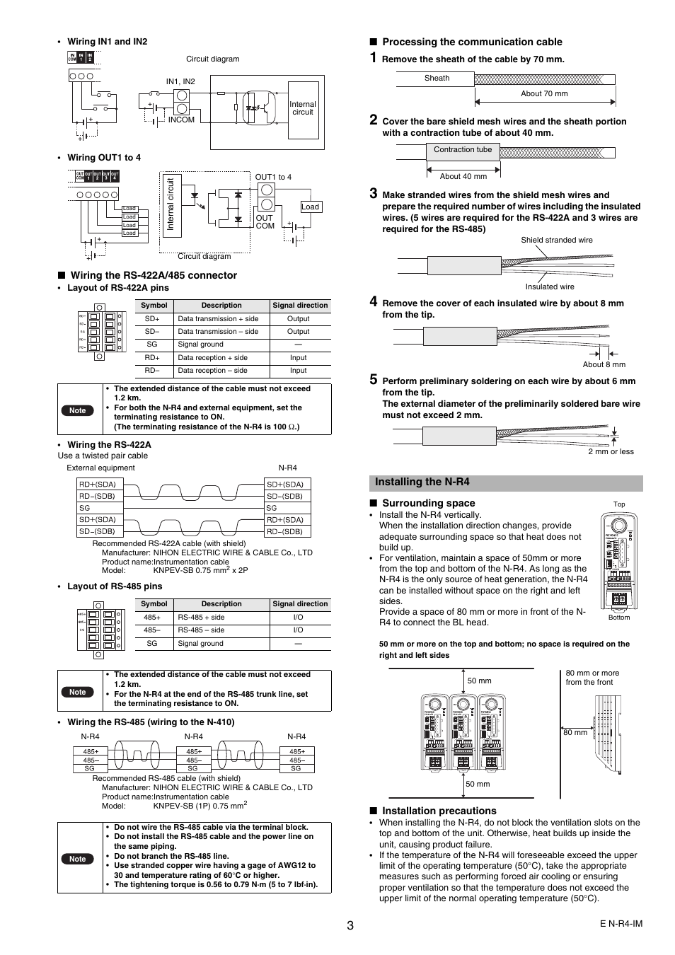 Wiring the rs-422a/485 connector, Processing the communication cable, Installing the n-r4 | Surrounding space, Installation precautions | KEYENCE N-R4 User Manual | Page 3 / 4