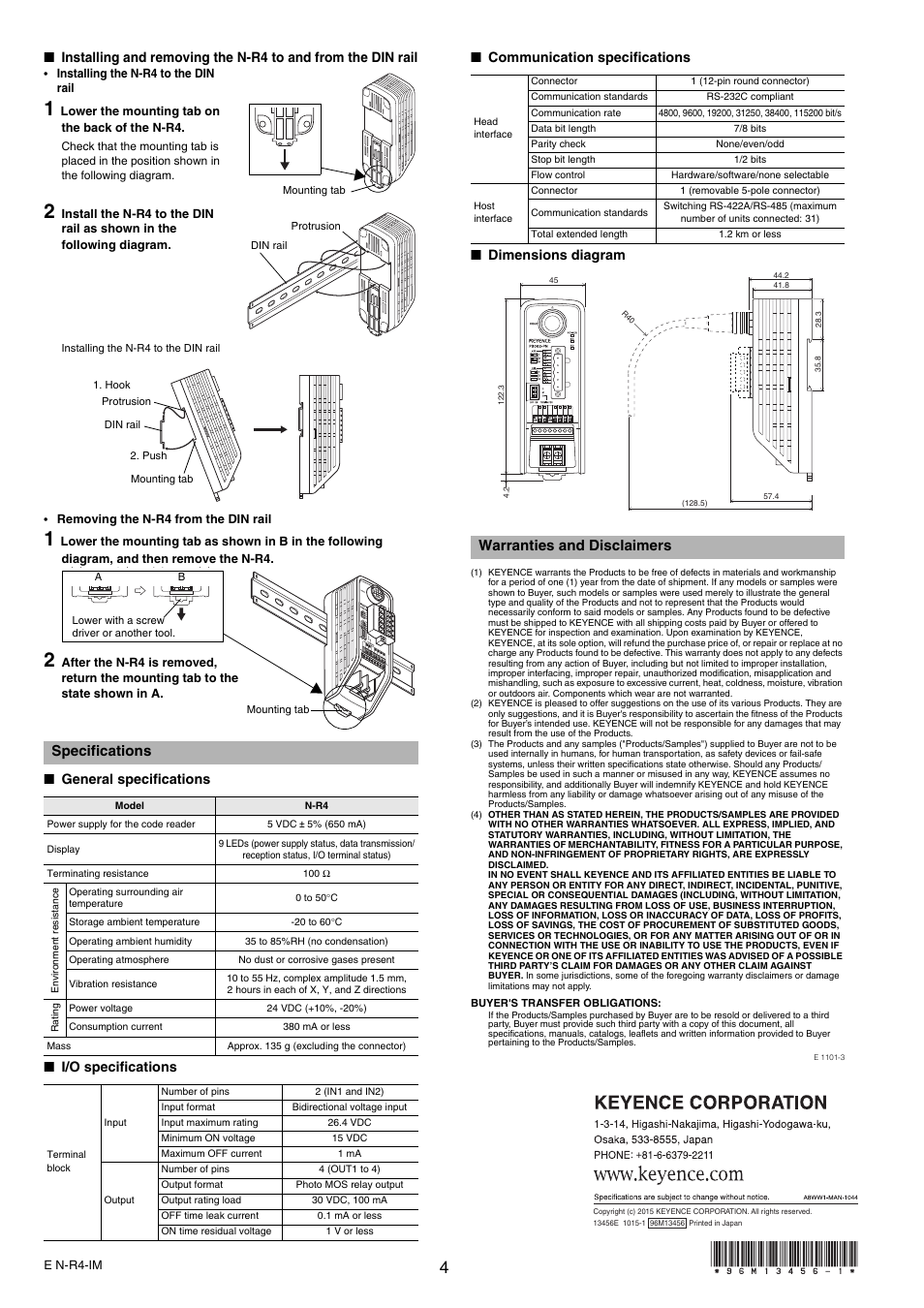 Specifications, General specifications, I/o specifications | Communication specifications, Dimensions diagram, Warranties and disclaimers | KEYENCE N-R4 User Manual | Page 4 / 4