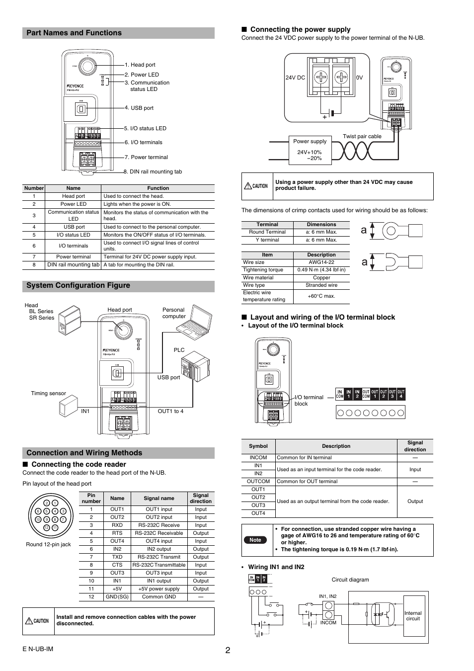 Part names and functions, System configuration figure, Connection and wiring methods | Connecting the code reader, Connecting the power supply, Layout and wiring of the i/o terminal block, Kv- b16 xc | KEYENCE N-UB User Manual | Page 2 / 4