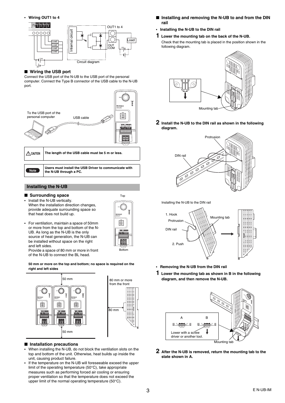 Wiring the usb port, Installing the n-ub, Surrounding space | Installation precautions | KEYENCE N-UB User Manual | Page 3 / 4