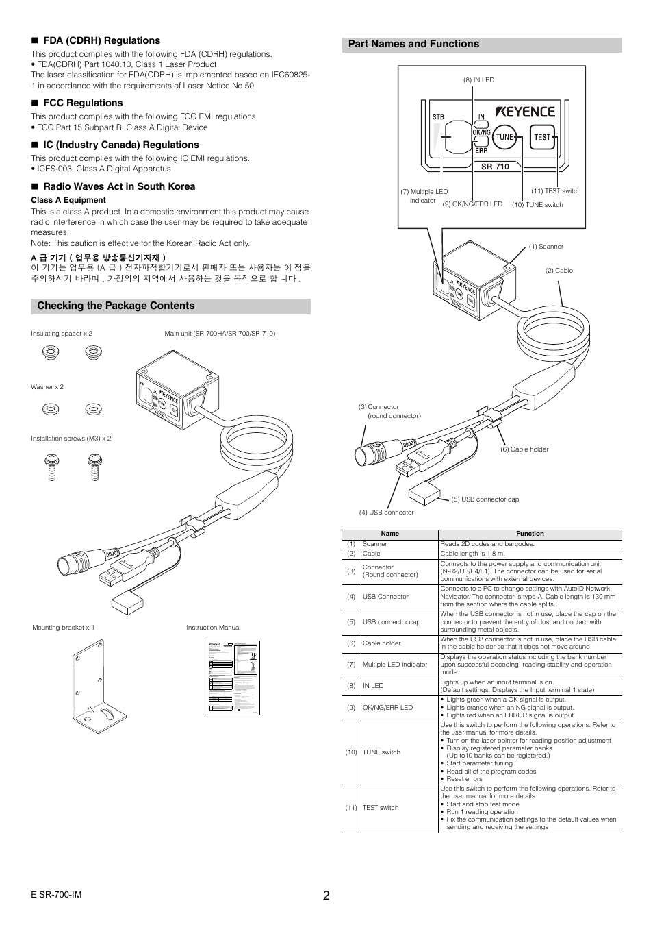 Checking the package contents, Part names and functions | KEYENCE SR-700 Series User Manual | Page 2 / 6