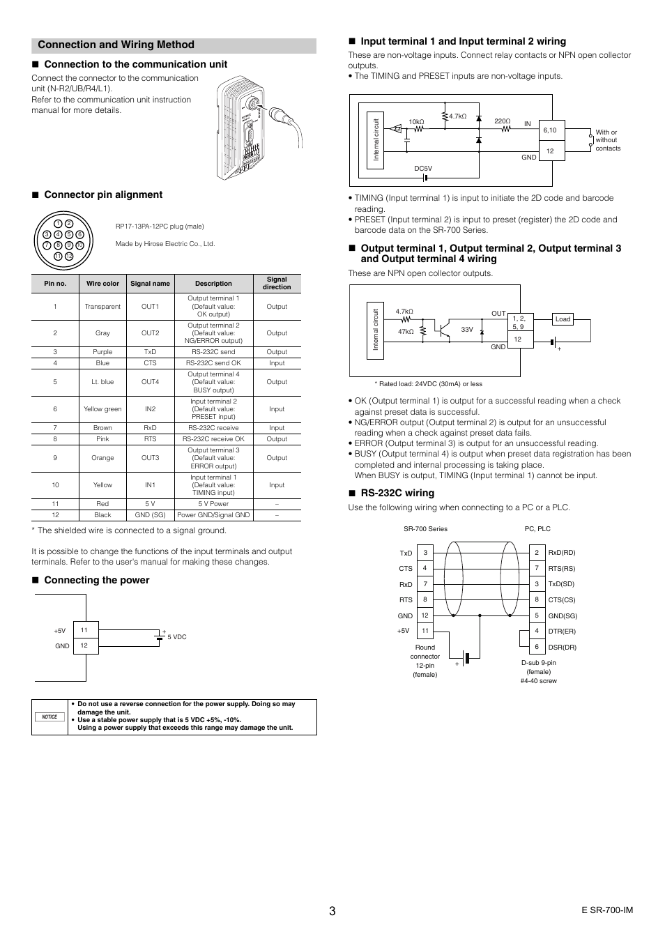 Connection and wiring method, Connection to the communication unit, Connector pin alignment | Rs-232c wiring | KEYENCE SR-700 Series User Manual | Page 3 / 6