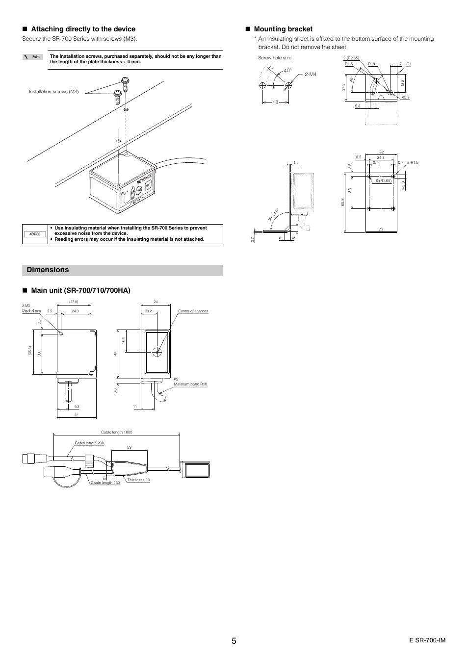 Dimensions, Attaching directly to the device, E sr-700-im | Secure the sr-700 series with screws (m3) | KEYENCE SR-700 Series User Manual | Page 5 / 6