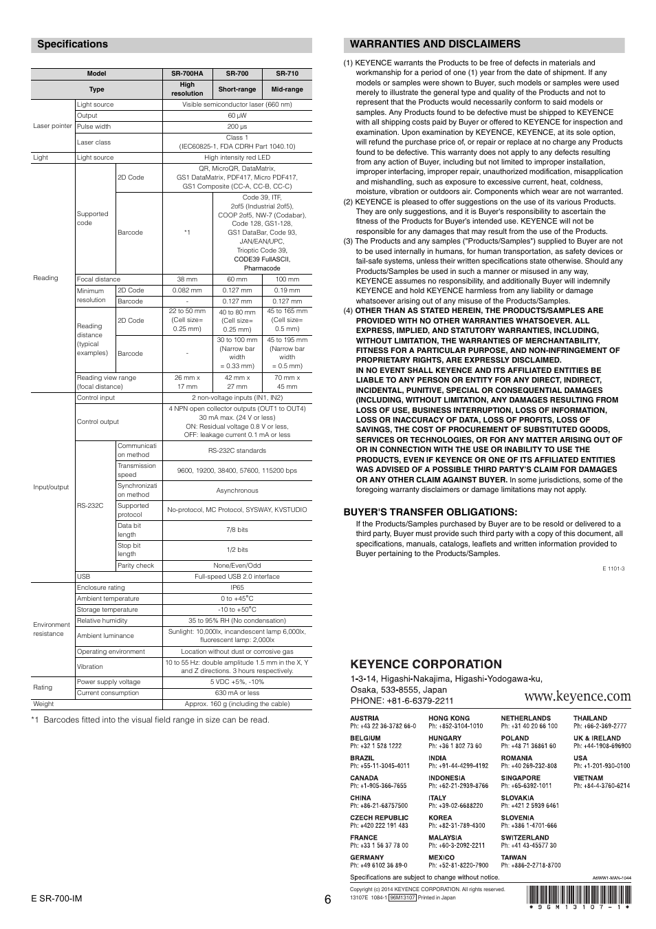 Specifications, Warranties and disclaimers, Buyer's transfer obligations | KEYENCE SR-700 Series User Manual | Page 6 / 6