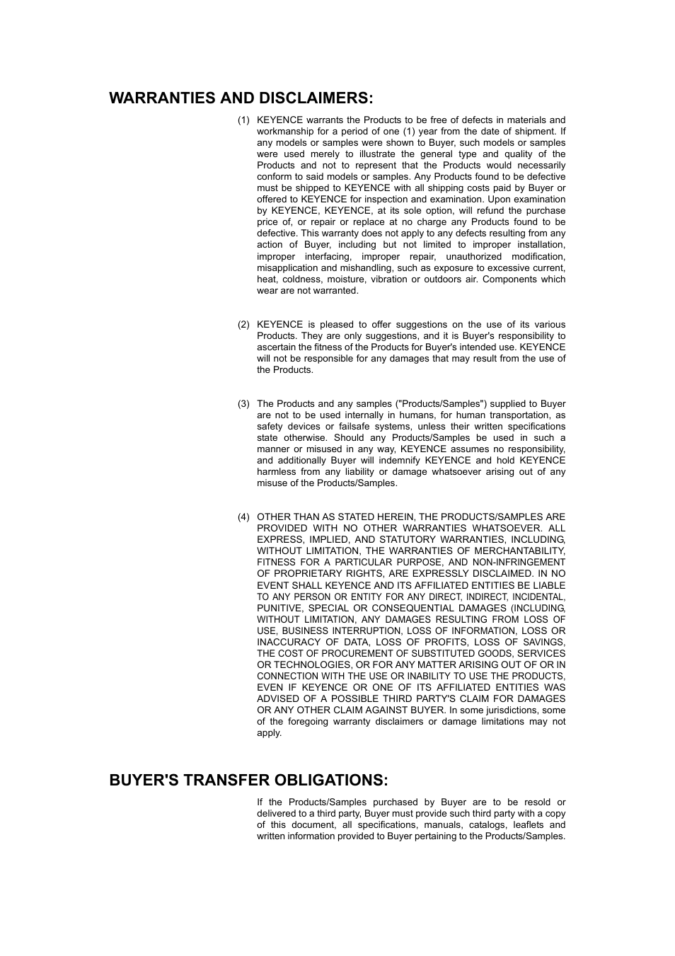 Warranties and disclaimers, Buyer's transfer obligations | KEYENCE AutoID User Manual | Page 115 / 116