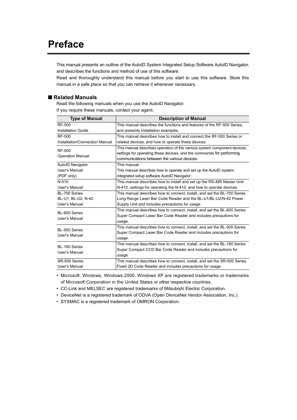 Preface, Related manuals | KEYENCE AutoID User Manual | Page 2 / 116