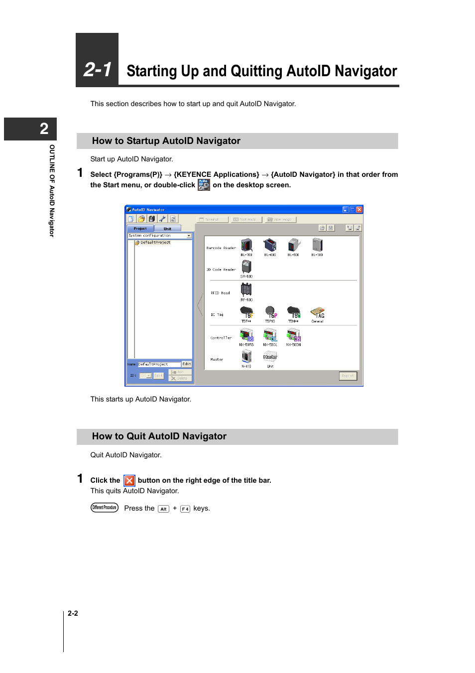 1 starting up and quitting autoid navigator, How to startup autoid navigator, How to quit autoid navigator | 1 starting up and quitting autoid navigator -2, Starting up and quitting autoid navigator -2, Starting up and quitting autoid navigator | KEYENCE AutoID User Manual | Page 24 / 116