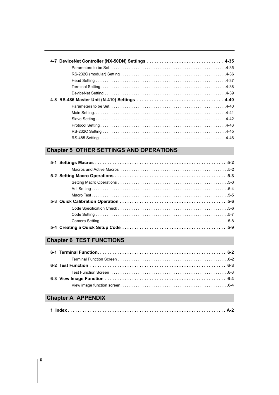 Chapter 5 other settings and operations, Chapter 6 test functions, Chapter a appendix | KEYENCE AutoID User Manual | Page 8 / 116