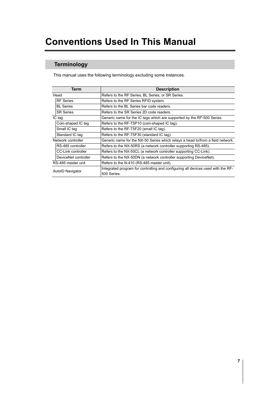 Conventions used in this manual, Terminology | KEYENCE AutoID User Manual | Page 9 / 116