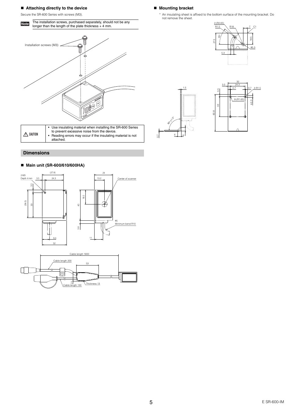 Dimensions, Attaching directly to the device, E sr-600-im | Caution | KEYENCE SR-600 Series User Manual | Page 5 / 6