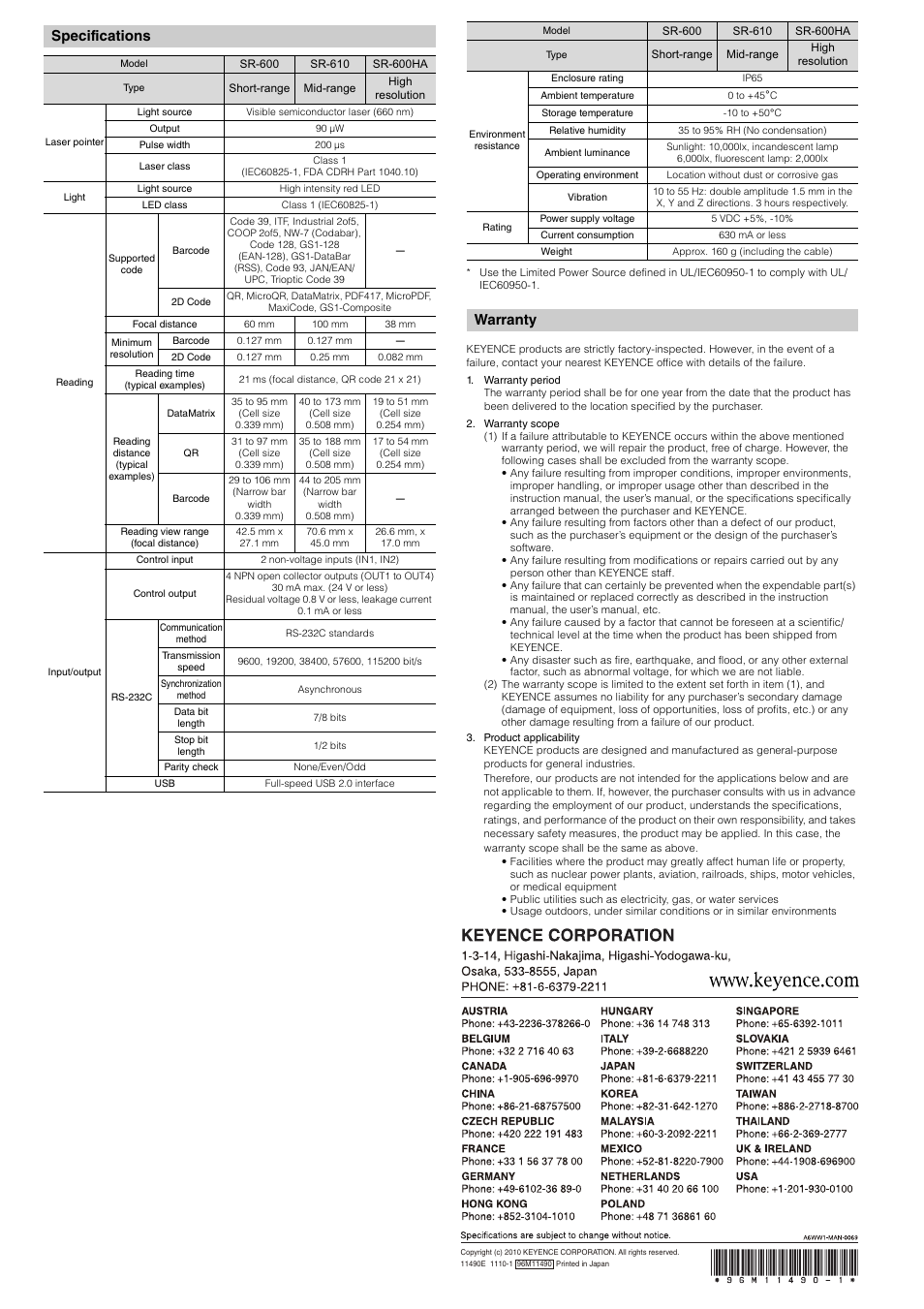 Specifications, Warranty | KEYENCE SR-600 Series User Manual | Page 6 / 6