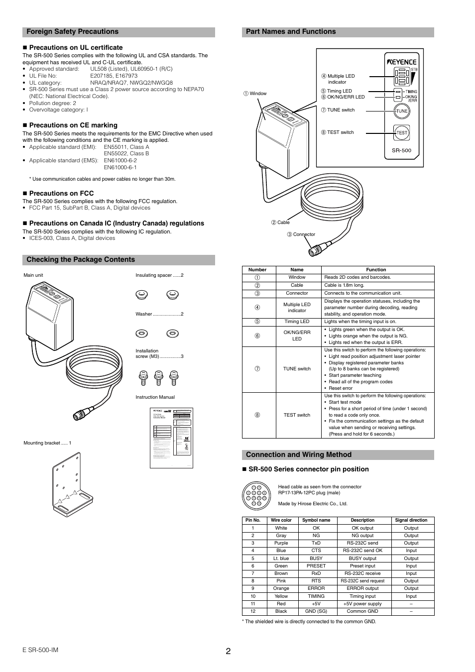 Foreign safety precautions, Checking the package contents, Part names and functions | Connection and wiring method | KEYENCE SR-500 Series User Manual | Page 2 / 6