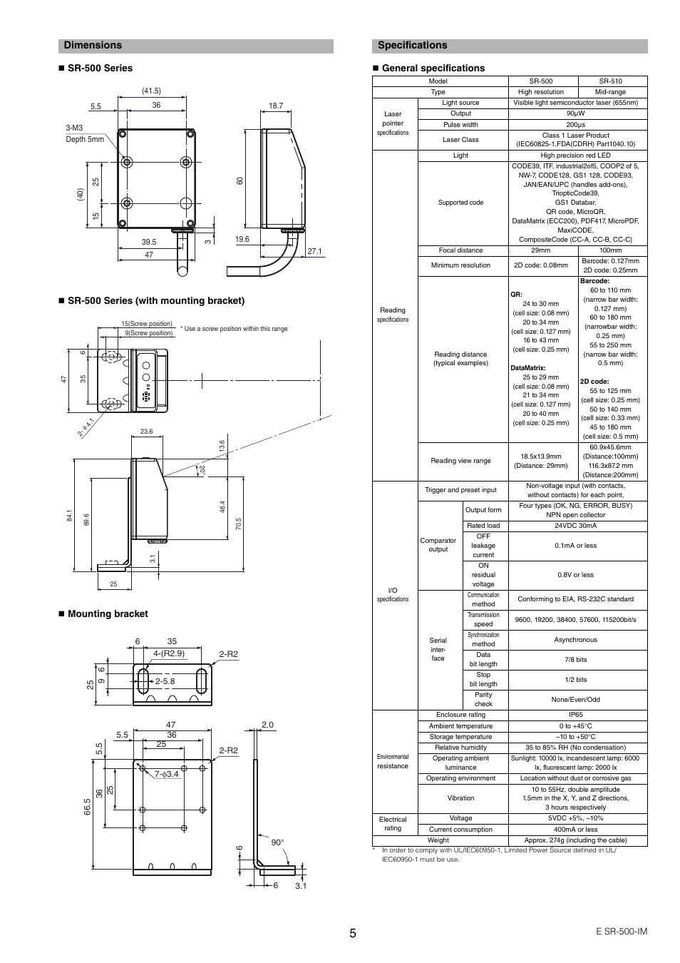 Dimensions, Specifications | KEYENCE SR-500 Series User Manual | Page 5 / 6