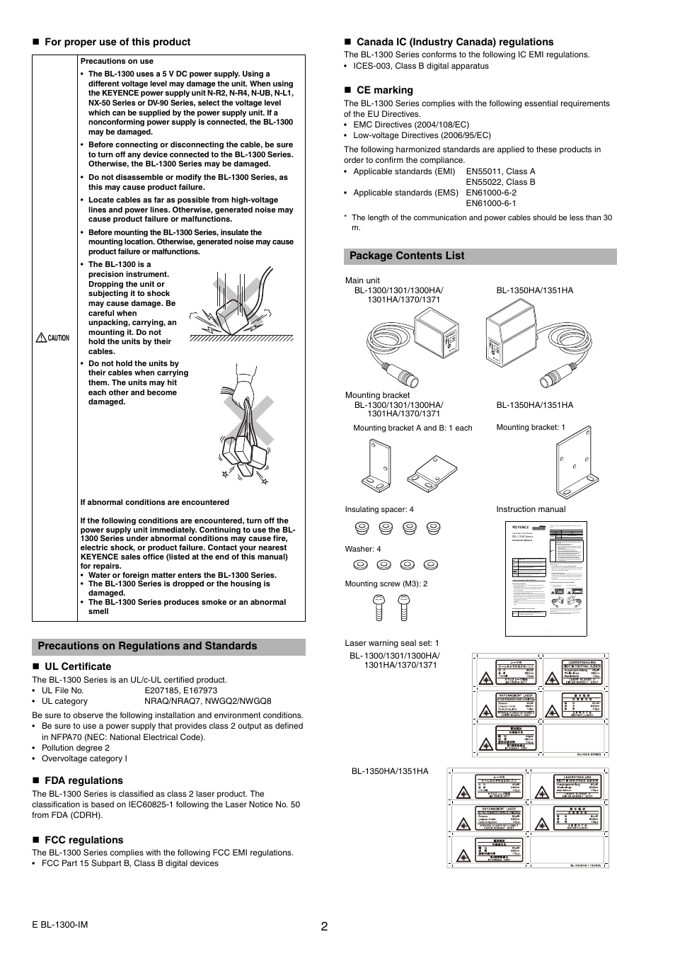 Precautions on regulations and standards, Package contents list | KEYENCE BL-1300 Series User Manual | Page 2 / 6