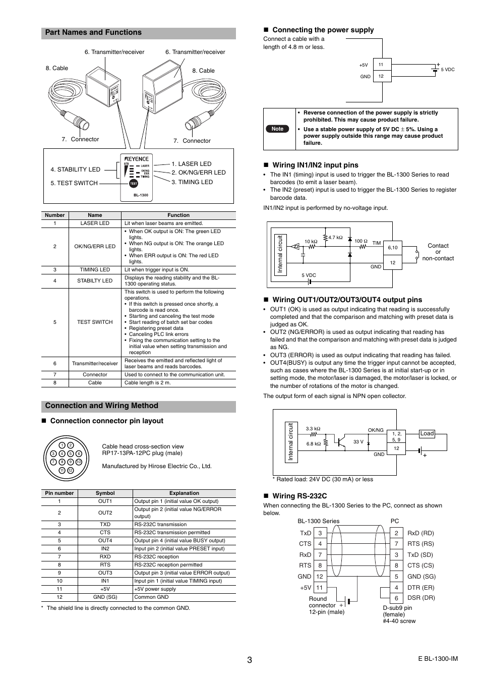 Part names and functions, Connection and wiring method, Connection connector pin layout | Connecting the power supply, Wiring in1/in2 input pins, Wiring out1/out2/out3/out4 output pins, Wiring rs-232c | KEYENCE BL-1300 Series User Manual | Page 3 / 6