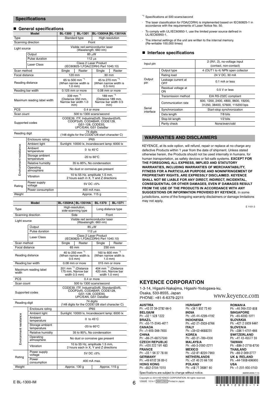 Specifications, Warranties and disclaimers, General specifications | Interface specifications | KEYENCE BL-1300 Series User Manual | Page 6 / 6