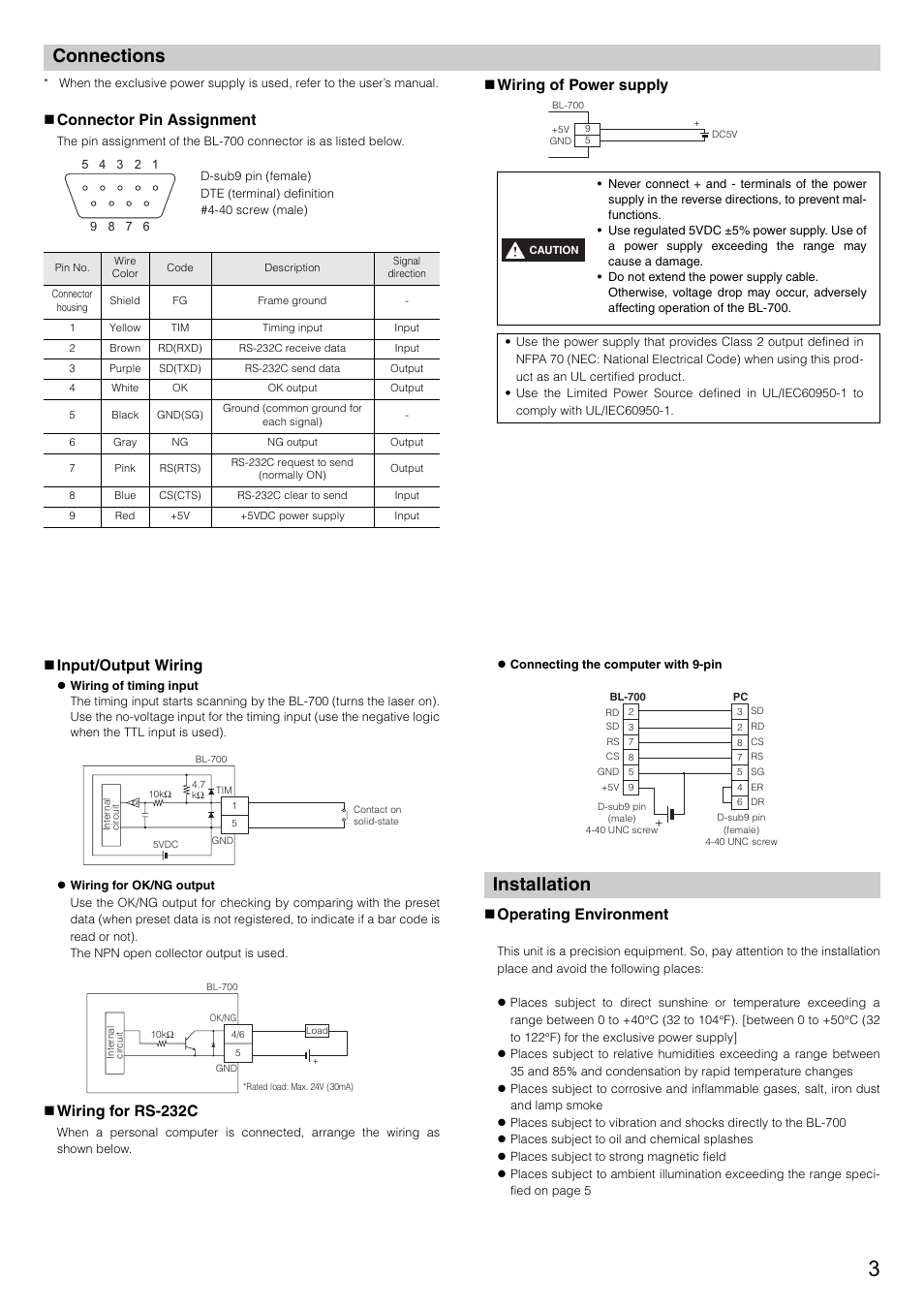 Connections, Installation, Connector pin assignment | Wiring of power supply, Input/output wiring, Wiring for rs-232c, Operating environment | KEYENCE BL-700 Series User Manual | Page 3 / 6