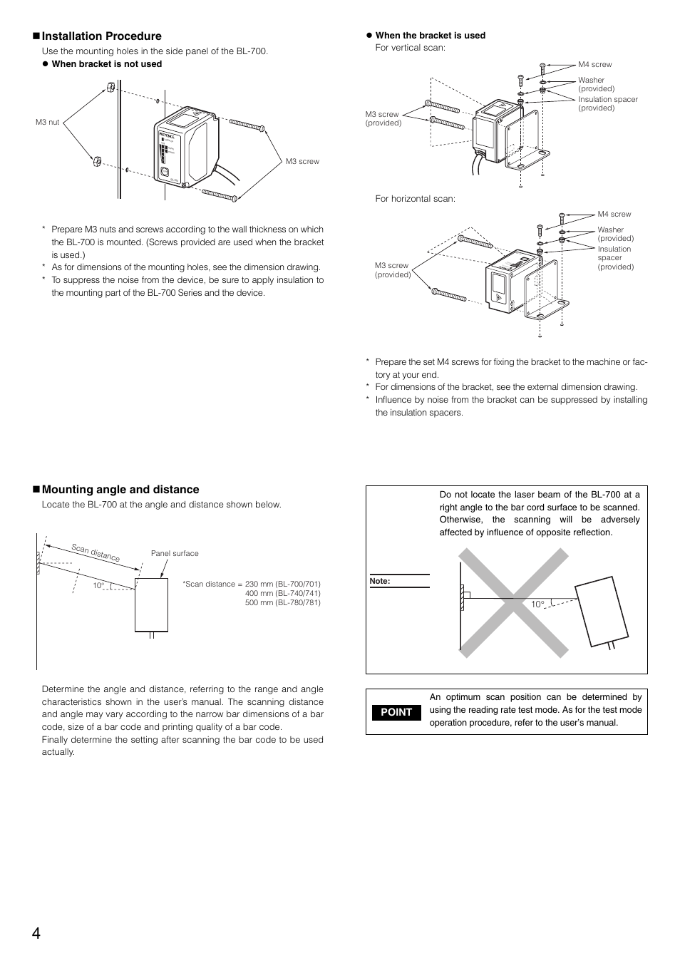 Installation procedure, Mounting angle and distance | KEYENCE BL-700 Series User Manual | Page 4 / 6