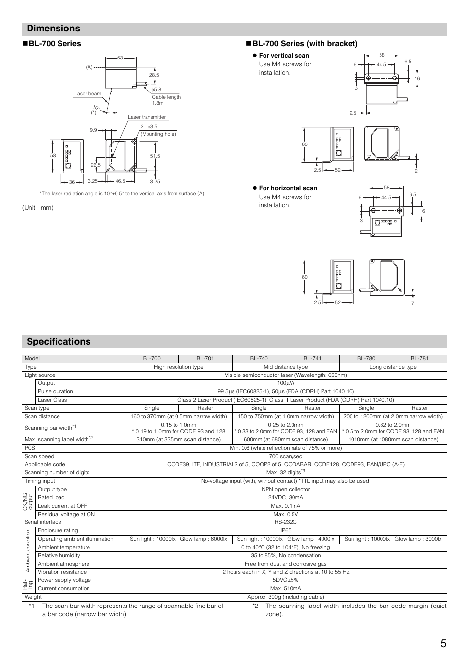 Dimensions, Specifications, Bl-700 series | Bl-700 series (with bracket) | KEYENCE BL-700 Series User Manual | Page 5 / 6