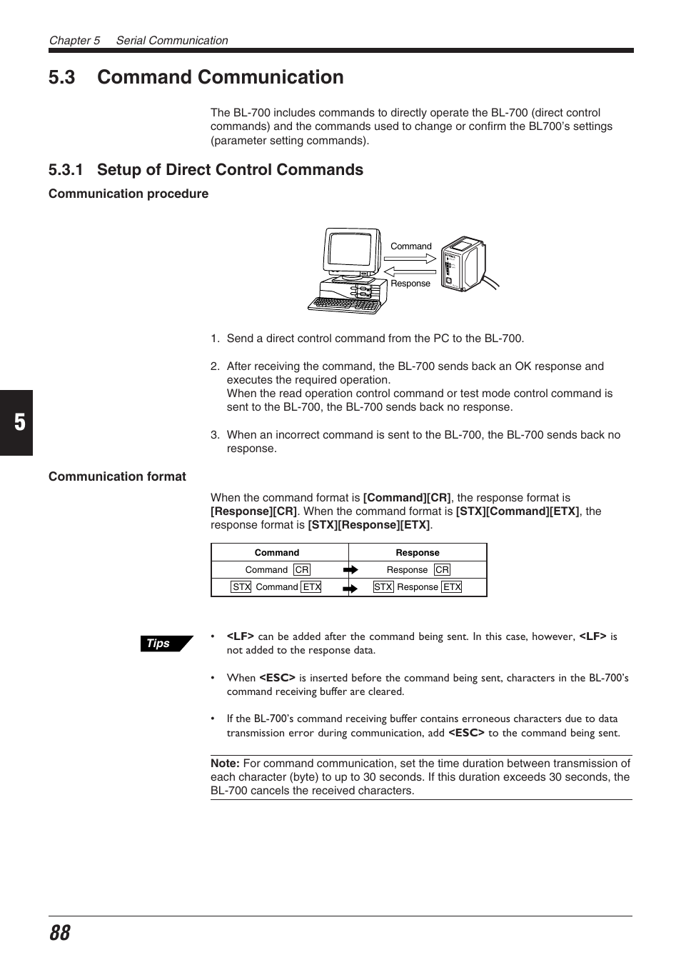 3 command communication, 1 setup of direct control commands | KEYENCE BL-700 Series User Manual | Page 102 / 162