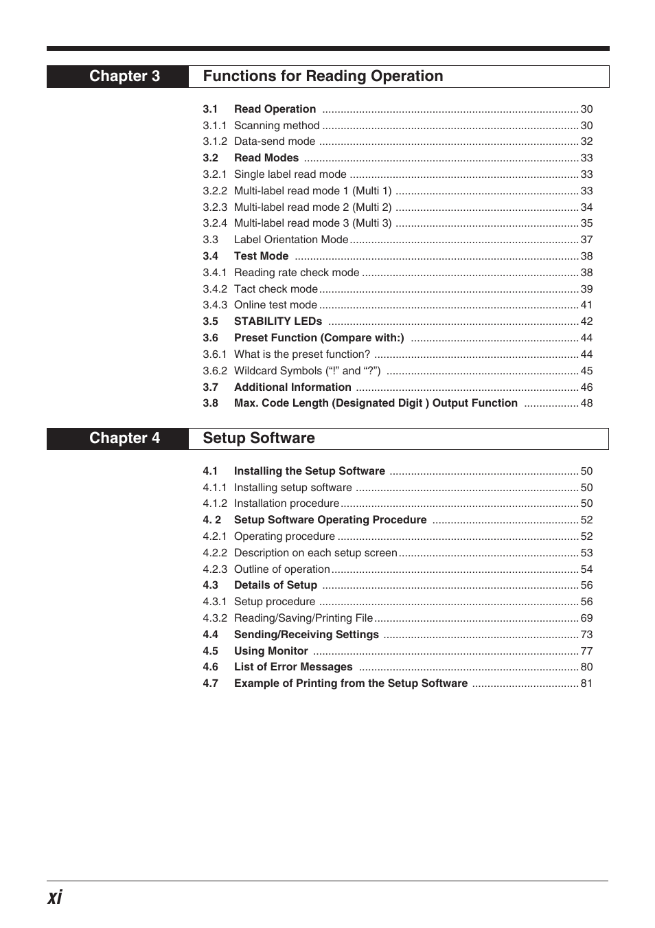 Chapter 3 functions for reading operation, Chapter 4 setup software | KEYENCE BL-700 Series User Manual | Page 12 / 162
