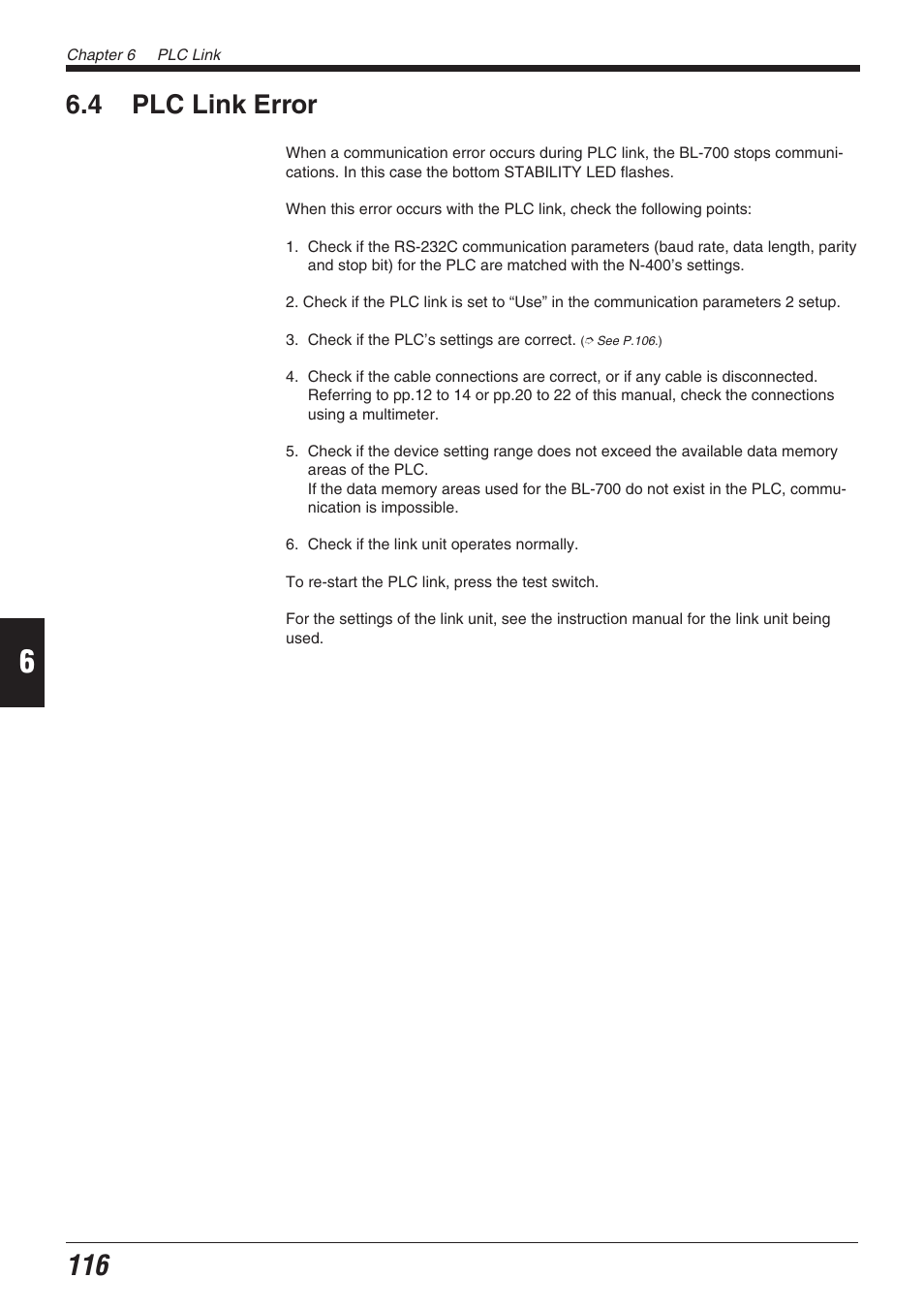 4 plc link error | KEYENCE BL-700 Series User Manual | Page 130 / 162