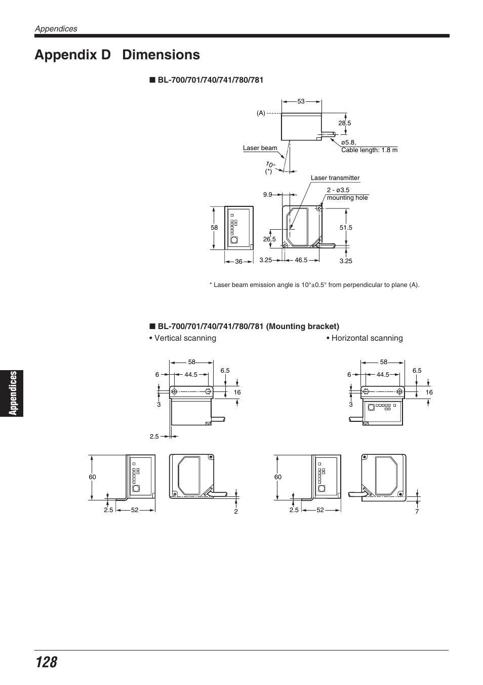 Appendix d dimensions, Appendices | KEYENCE BL-700 Series User Manual | Page 142 / 162