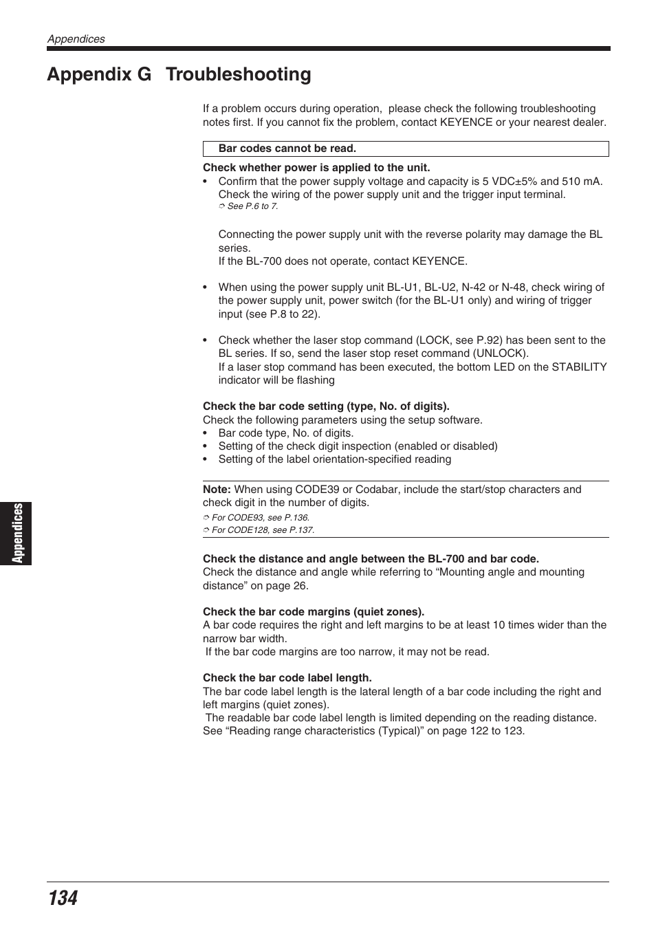 Appendix g troubleshooting | KEYENCE BL-700 Series User Manual | Page 148 / 162