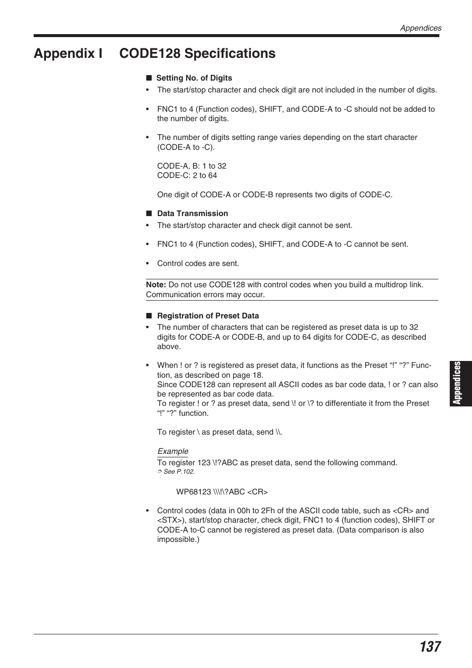 Appendix i code128 specifications | KEYENCE BL-700 Series User Manual | Page 151 / 162
