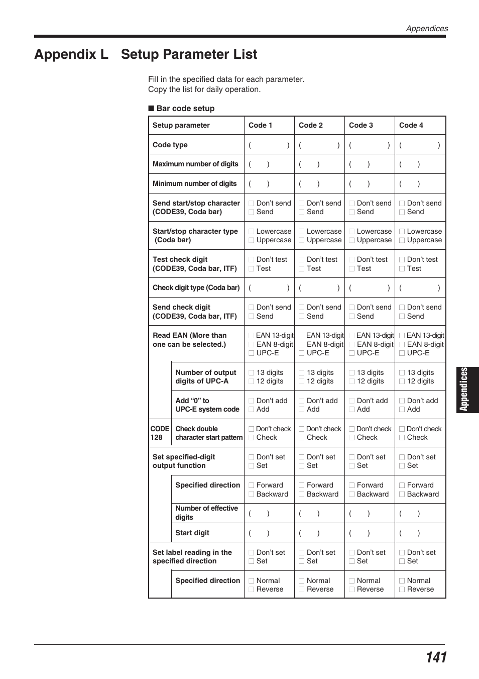 Appendix l setup parameter list, Appendices | KEYENCE BL-700 Series User Manual | Page 155 / 162