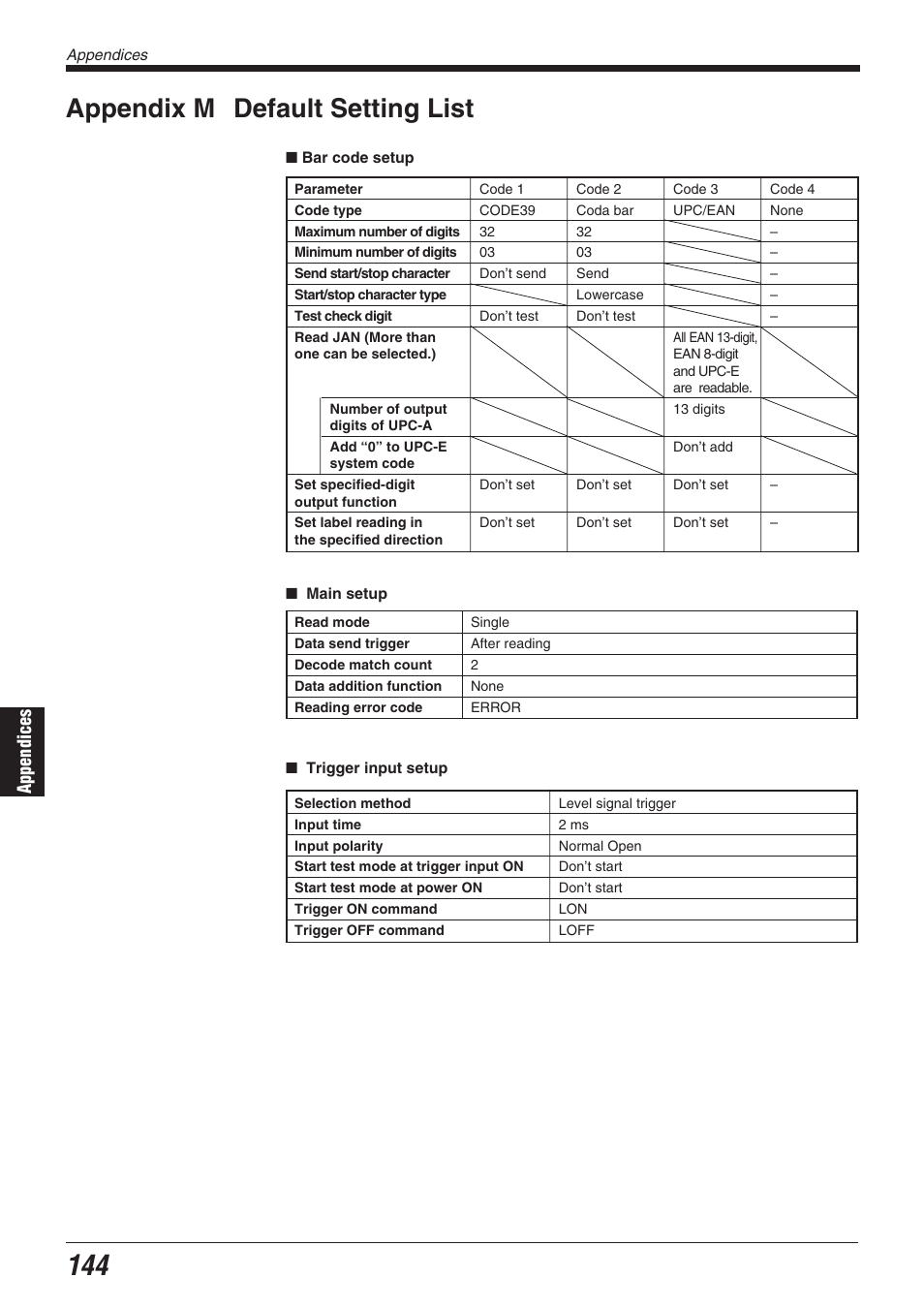 Appendix m default setting list, Appendices | KEYENCE BL-700 Series User Manual | Page 158 / 162