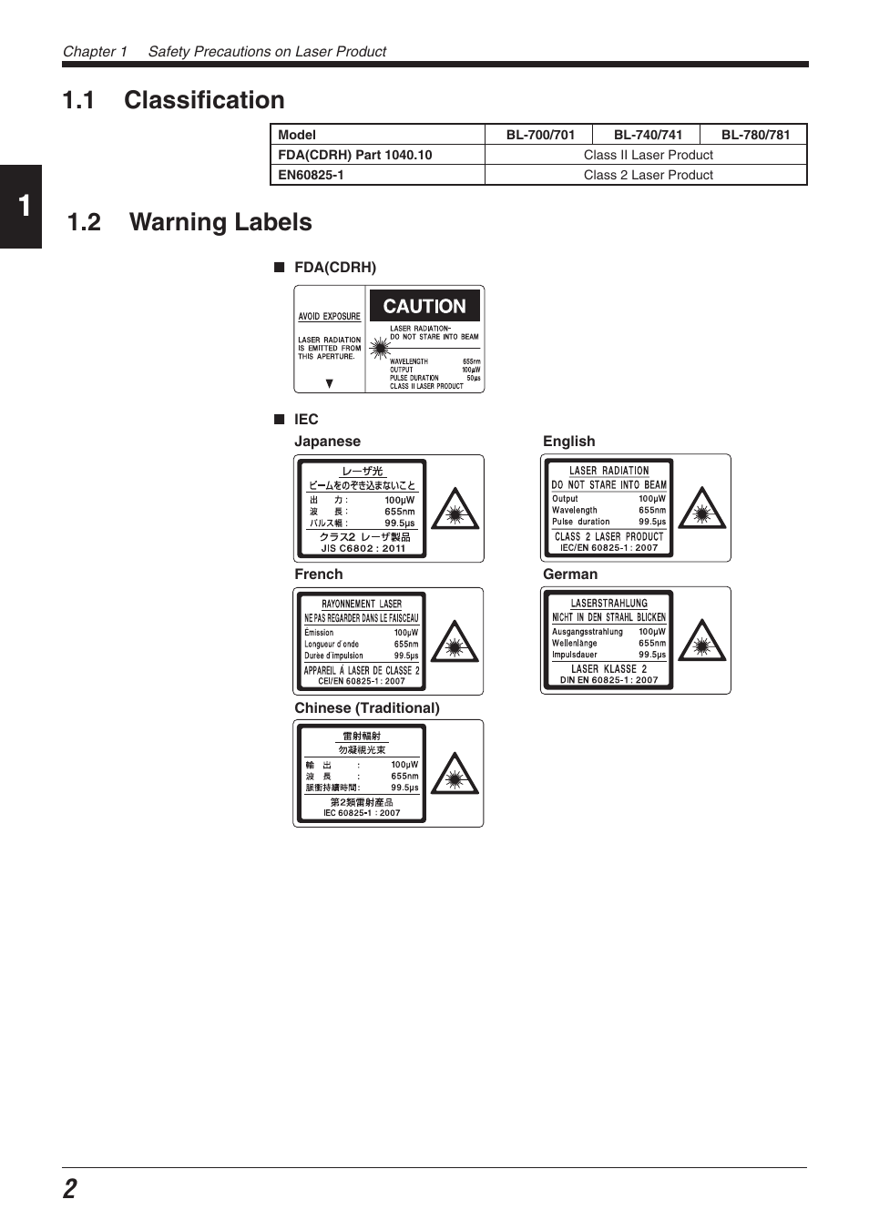 1 classification, 2 warning labels | KEYENCE BL-700 Series User Manual | Page 16 / 162