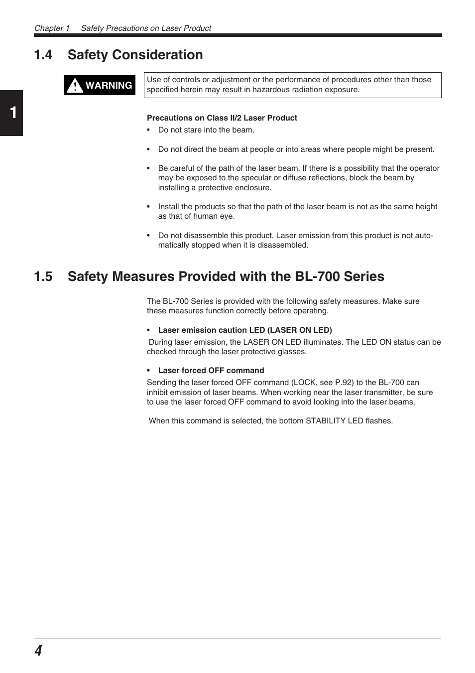 4 safety consideration, 5 safety measures provided with the bl-700 series | KEYENCE BL-700 Series User Manual | Page 18 / 162