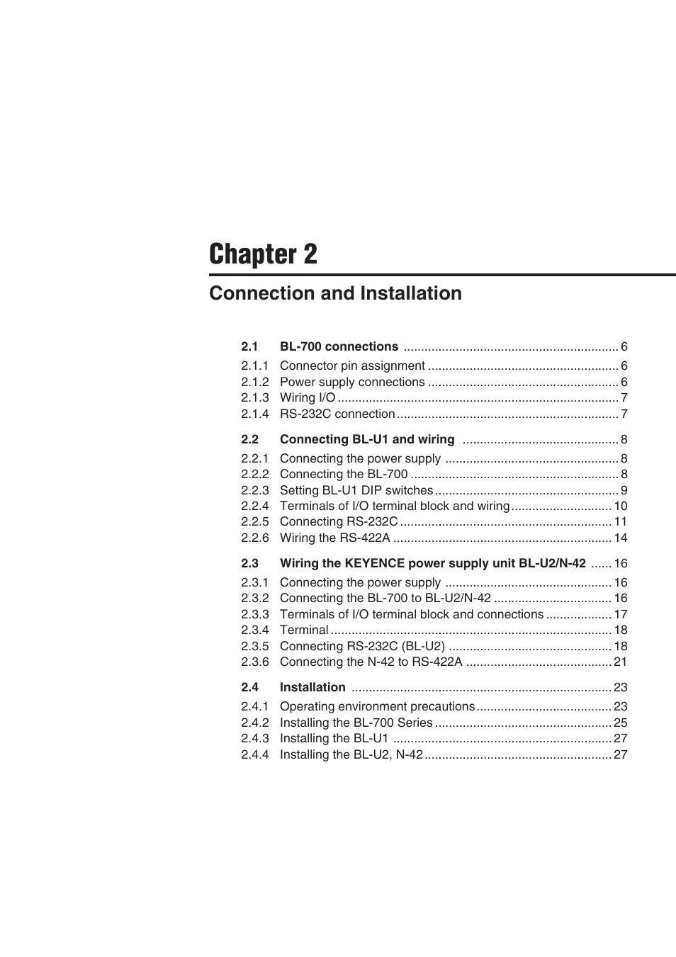 Chapter 2 connection and installation, Chapter 2, Connection and installation | KEYENCE BL-700 Series User Manual | Page 19 / 162
