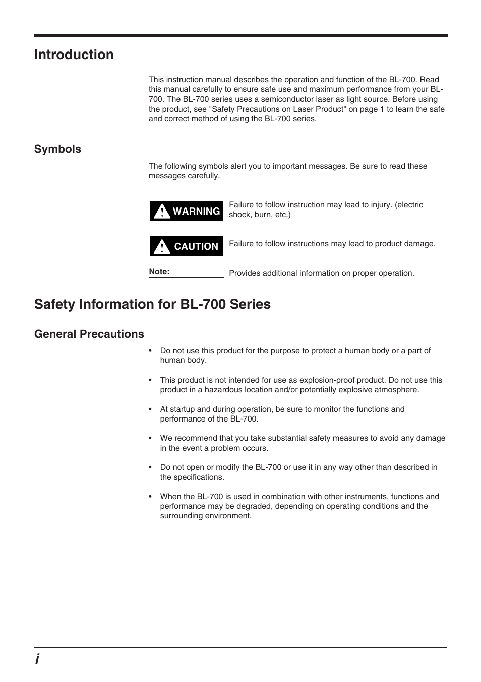 Introduction, Symbols, Safety information for bl-700 series | General precautions | KEYENCE BL-700 Series User Manual | Page 2 / 162
