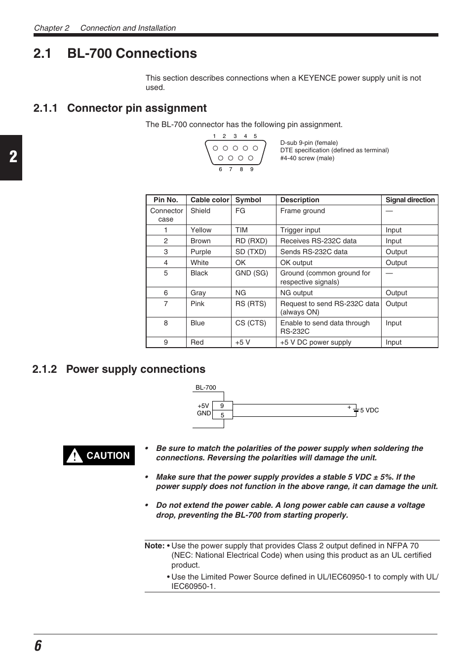 1 bl-700 connections, 1 connector pin assignment, 2 power supply connections | Caution | KEYENCE BL-700 Series User Manual | Page 20 / 162