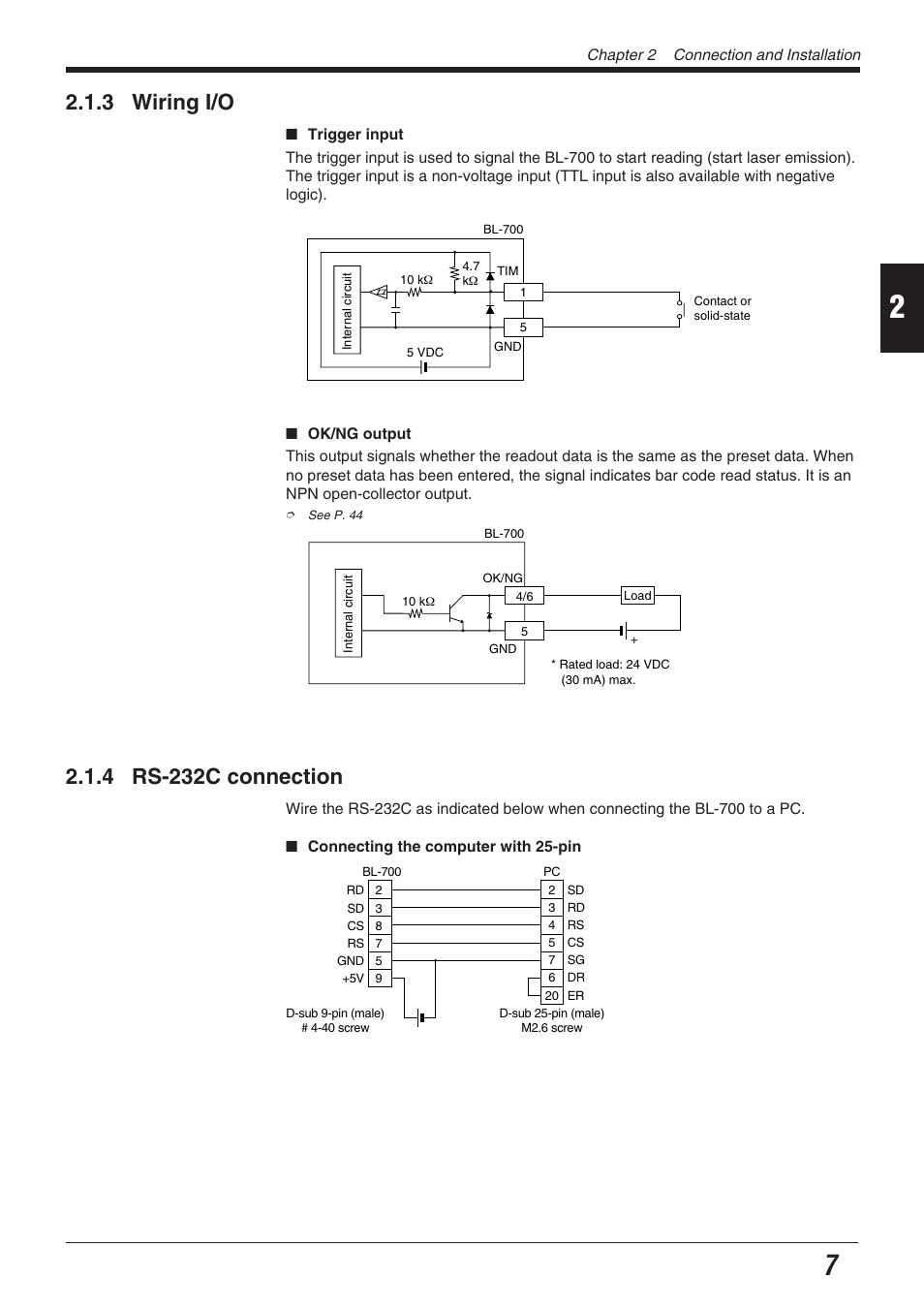 3 wiring i/o, 4 rs-232c connection | KEYENCE BL-700 Series User Manual | Page 21 / 162