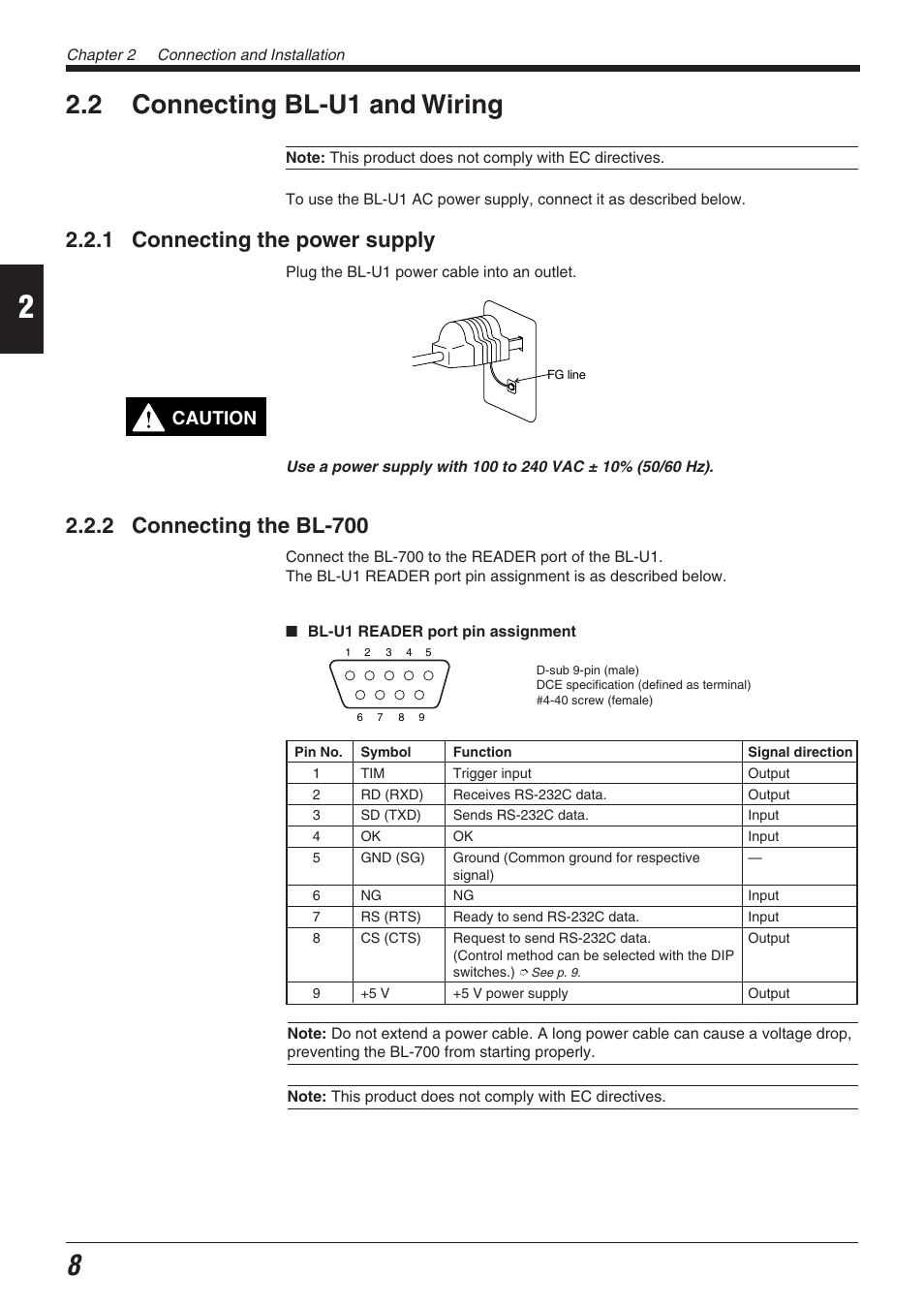 2 connecting bl-u1 and wiring, 1 connecting the power supply, 2 connecting the bl-700 | Caution | KEYENCE BL-700 Series User Manual | Page 22 / 162