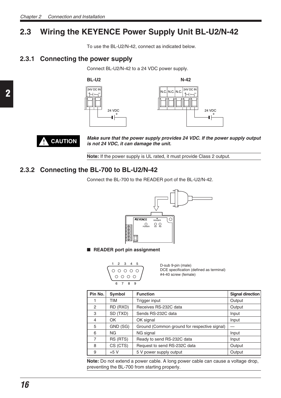 3 wiring the keyence power supply unit bl-u2/n-42, 1 connecting the power supply, 2 connecting the bl-700 to bl-u2/n-42 | Caution | KEYENCE BL-700 Series User Manual | Page 30 / 162