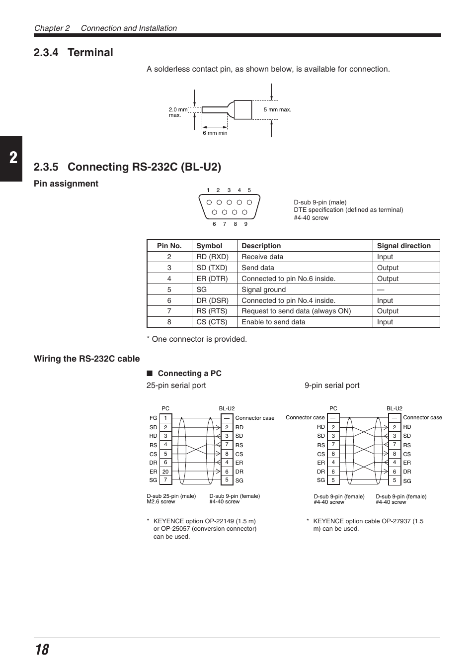 4 terminal, 5 connecting rs-232c (bl-u2), Pin assignment | Wiring the rs-232c cable, Chapter 2 connection and installation, One connector is provided | KEYENCE BL-700 Series User Manual | Page 32 / 162