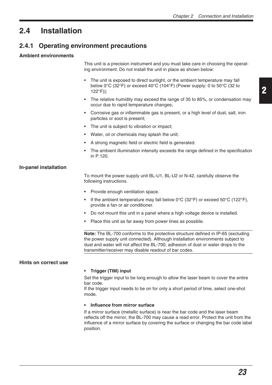 4 installation, 1 operating environment precautions | KEYENCE BL-700 Series User Manual | Page 37 / 162