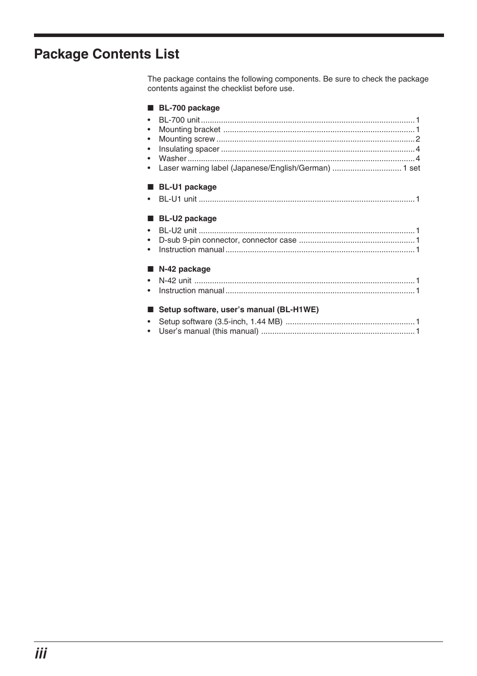 Package contents list | KEYENCE BL-700 Series User Manual | Page 4 / 162