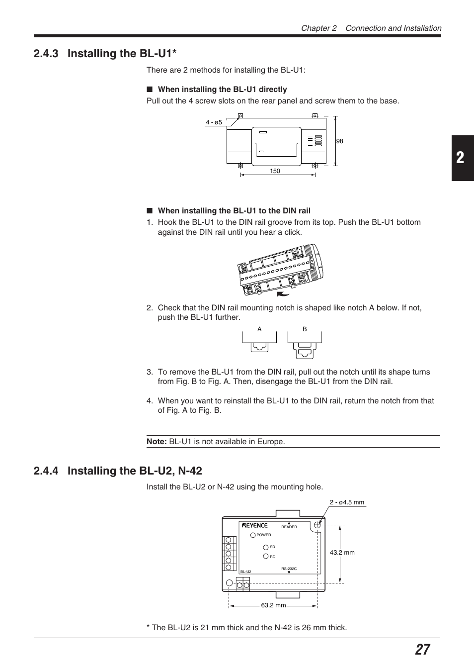3 installing the bl-u1, 4 installing the bl-u2, n-42 | KEYENCE BL-700 Series User Manual | Page 41 / 162