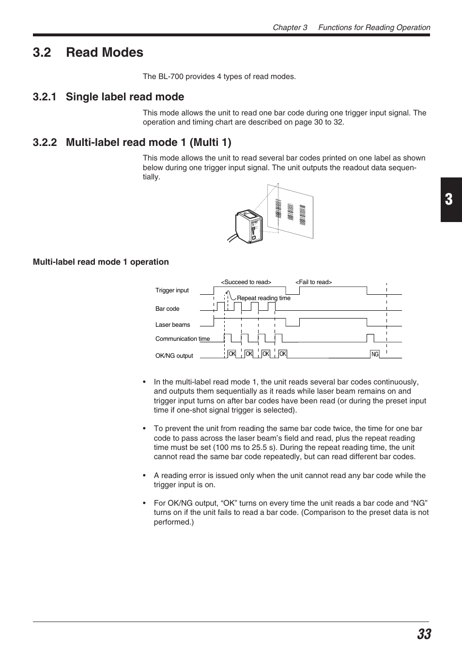 2 read modes, 1 single label read mode, 2 multi-label read mode 1 (multi 1) | KEYENCE BL-700 Series User Manual | Page 47 / 162