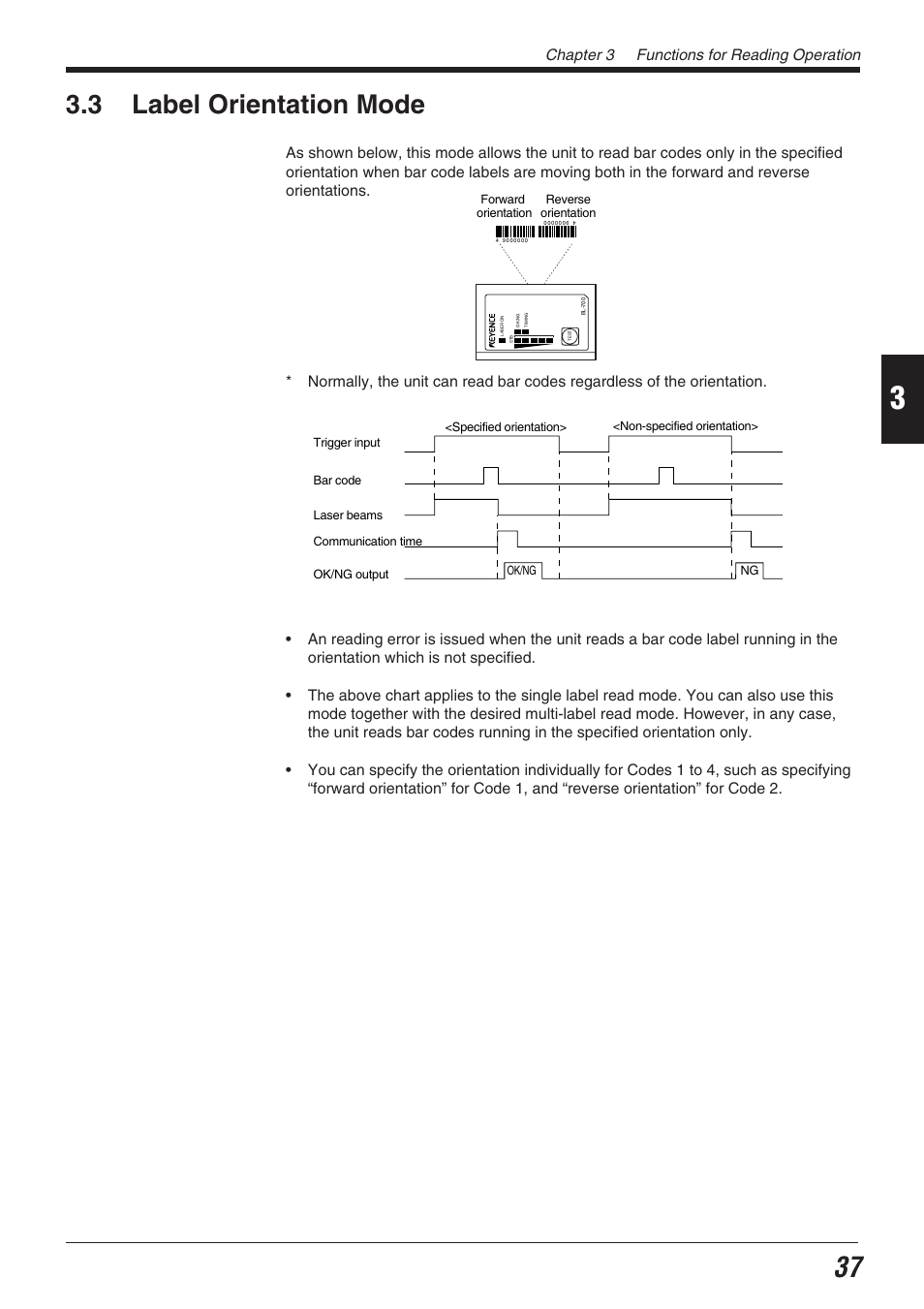 3 label orientation mode, Chapter 3 functions for reading operation | KEYENCE BL-700 Series User Manual | Page 51 / 162