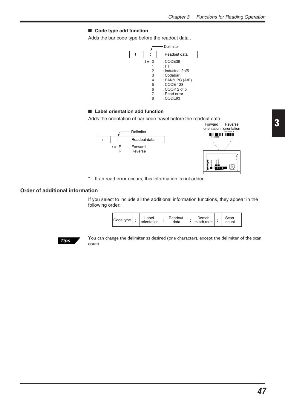 Order of additional information, Chapter 3 functions for reading operation, Tips | KEYENCE BL-700 Series User Manual | Page 61 / 162