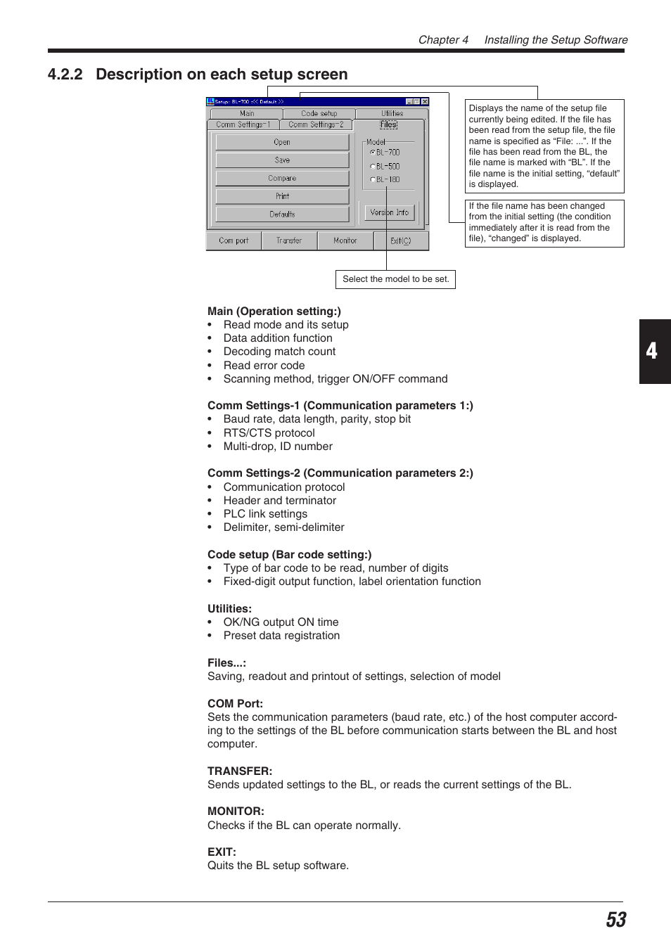 2 description on each setup screen | KEYENCE BL-700 Series User Manual | Page 67 / 162